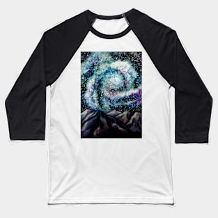 Watercolor Spiral Galaxy and Mountains Baseball T-Shirt